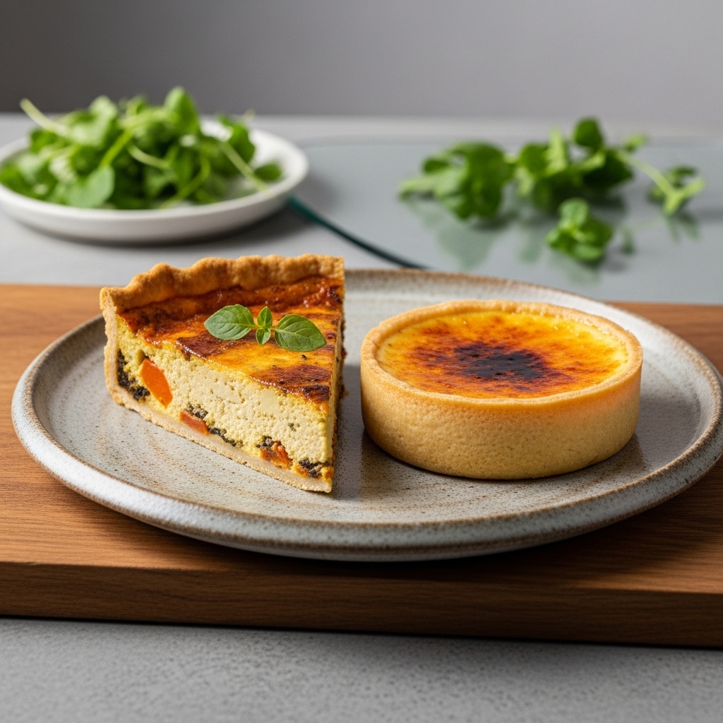 Vegan French Brunch Delight: Quiche Lorraine and Crème Brûlée Tart